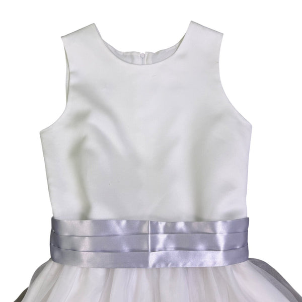 US Angels Girls White Satin Dress W Silver Embellished Tulle Skirt & Bow Size 14