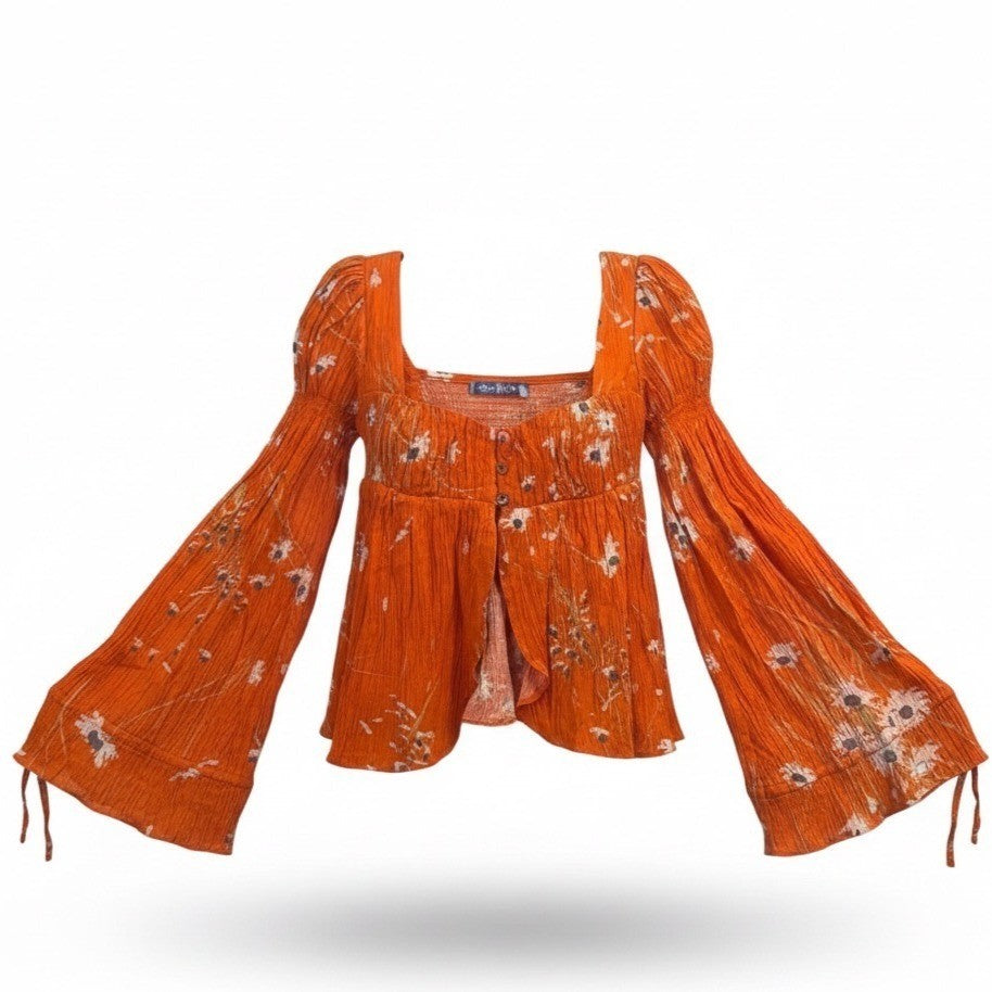 Urban Outfitters Women Orange Floral Viscose Bell Sleeve Top S