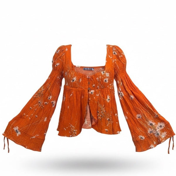 Urban Outfitters Women Orange Floral Viscose Bell Sleeve Top S