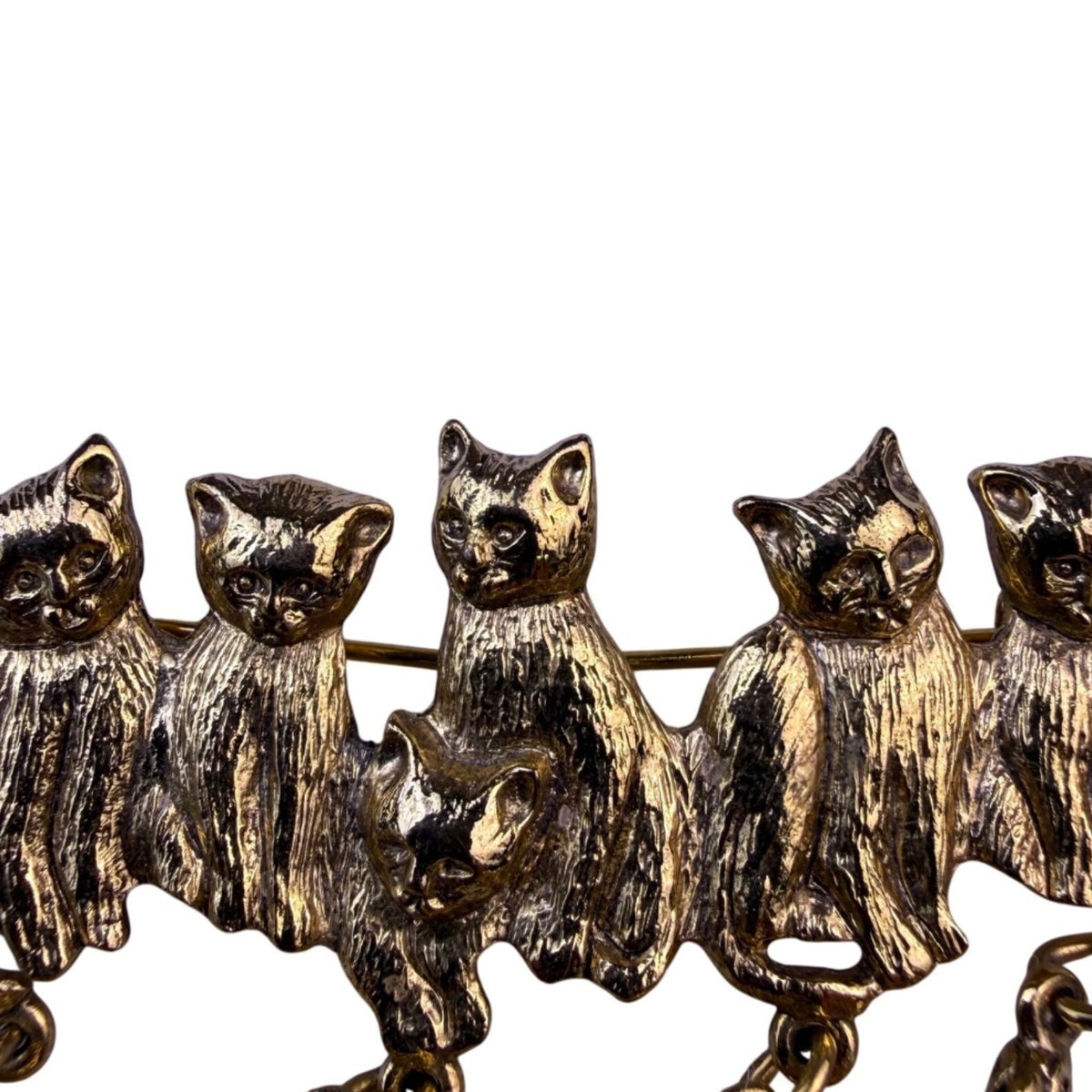 Vintage Womens Gold Tone Metal Cat Brooch With Dangling Charms