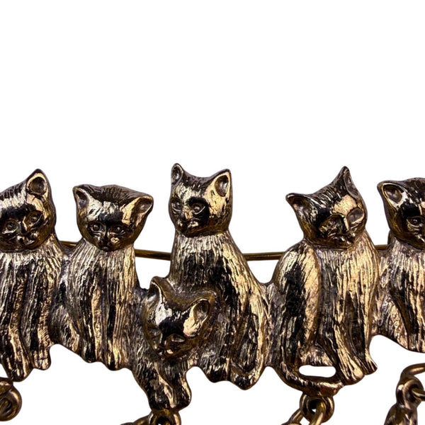 Vintage Womens Gold Tone Metal Cat Brooch With Dangling Charms