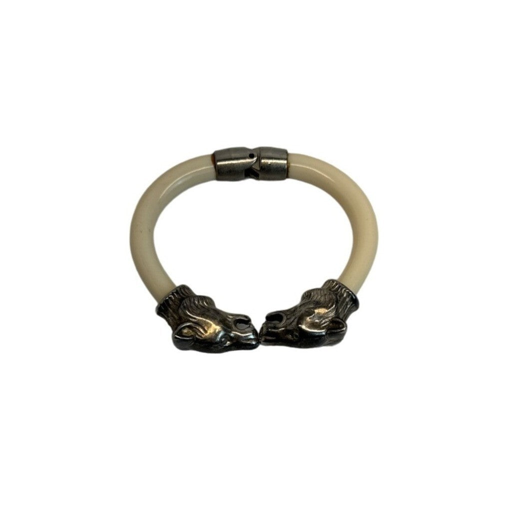 Vtg KIssing Bear Clamp Cuff Silver Tone and White Lucite Bangel Bracelet - 6in