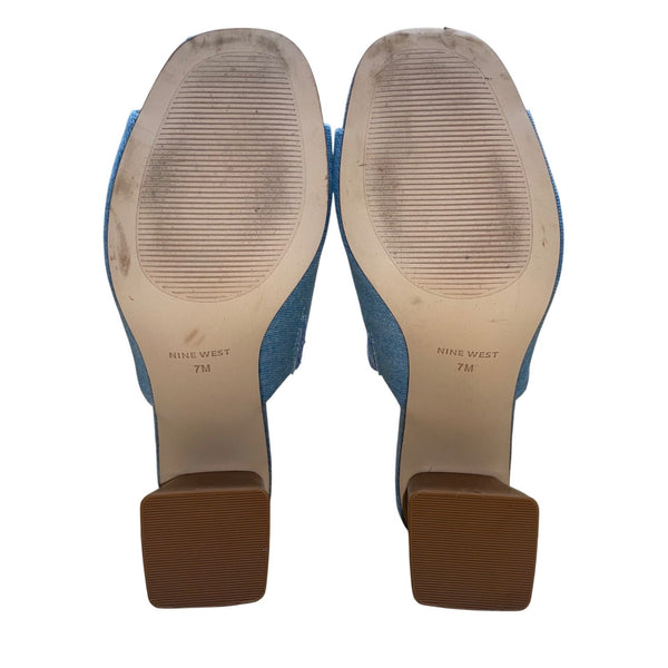 Nine West Women’s Blue Denim Open-Toe Wylow 7 Block Heel Mules Size 7M