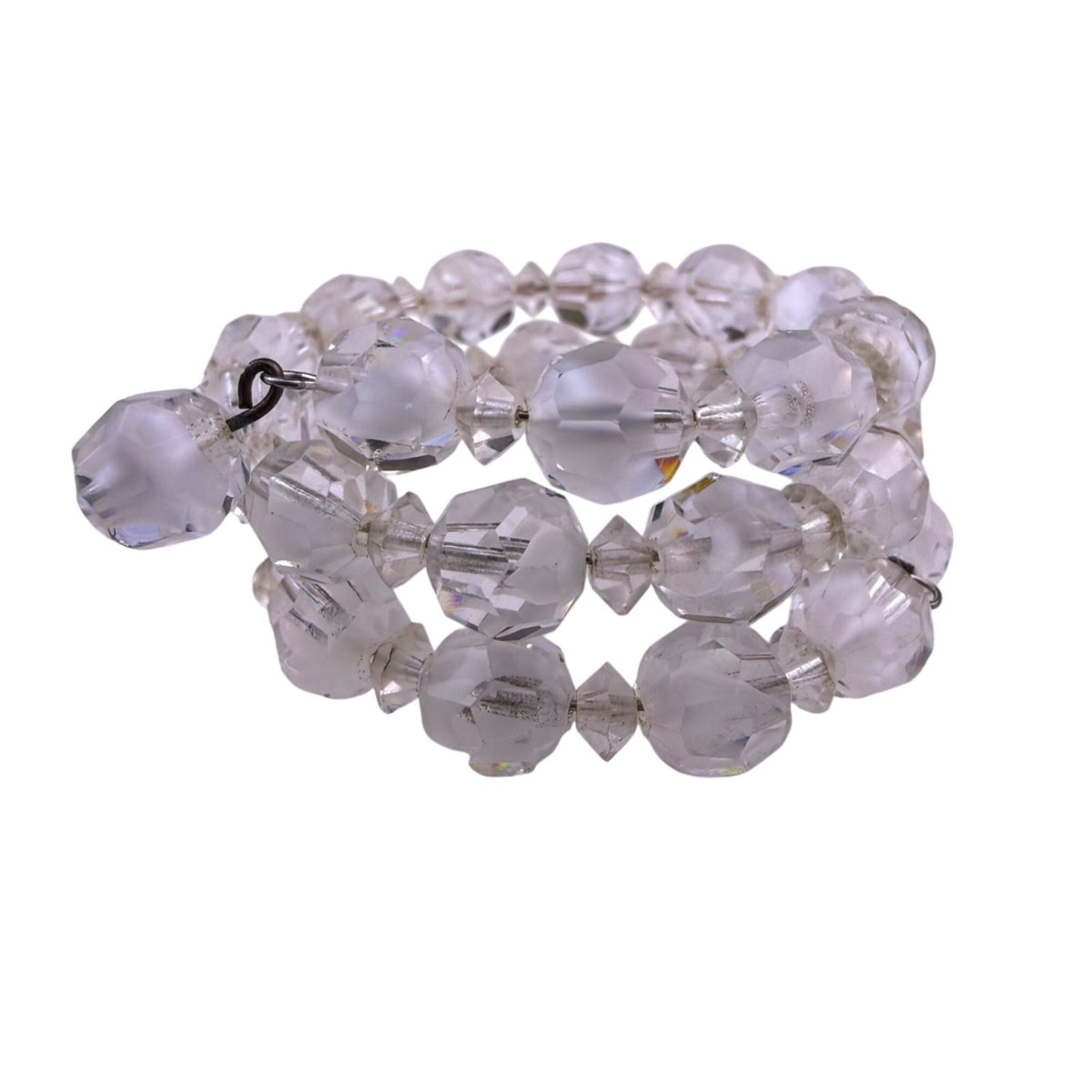 Vintage Womens Clear Faceted Crystal Bead Bracelet & Clip-On Earrings Set