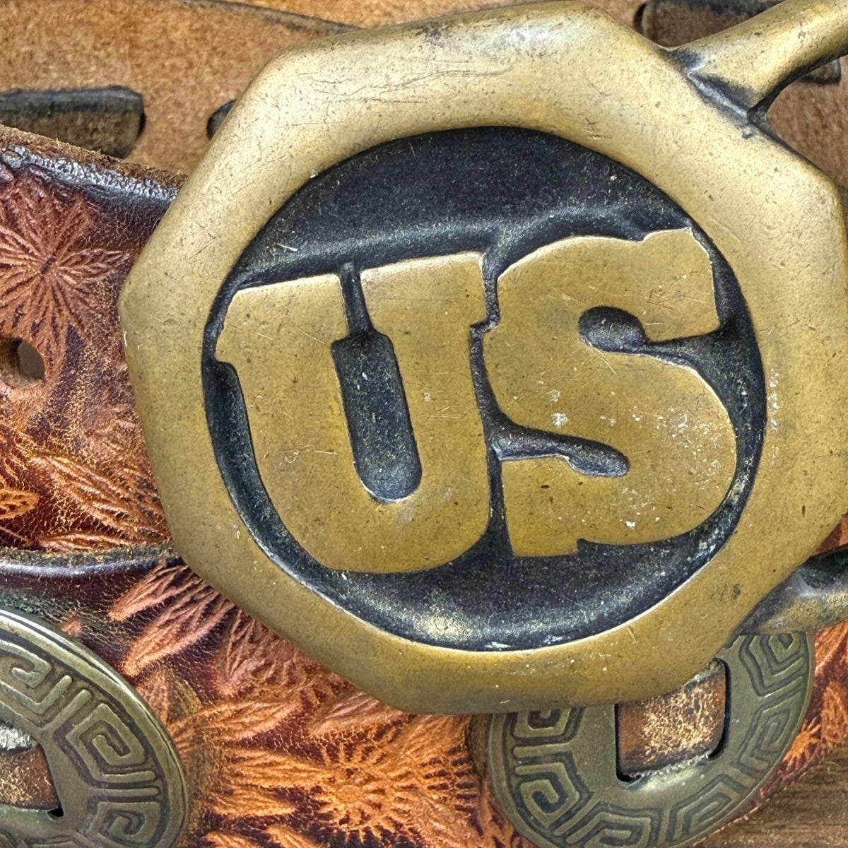 Handcrafted Vintage Brown Leather Belt US Buckle Embossed Design Unique