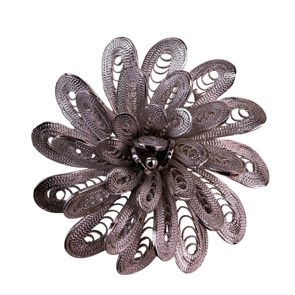 Vintage 925 Silver Tone Womens Flower Filigree Brooch Pin Intricate Petal Design