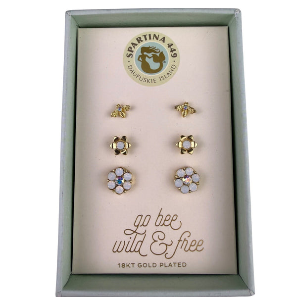 Spartina 449 Womens Gold Tone Stud Earring Set With Bee & Floral Designs