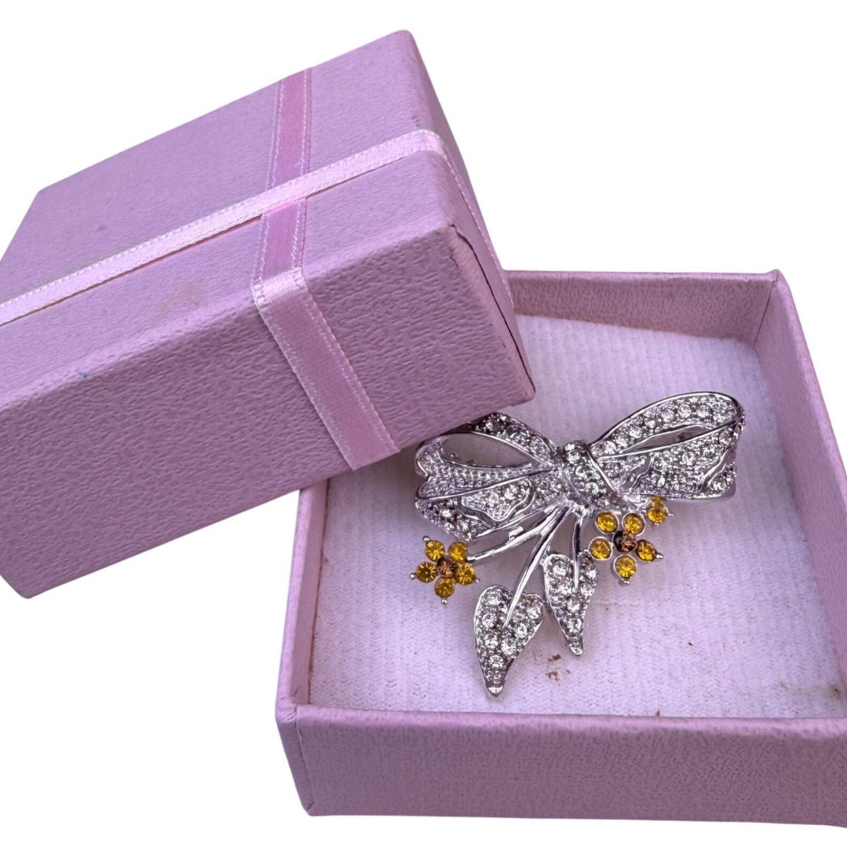 Silver Tone Womens Bow Brooch With Yellow Rhinestones Floral Design Gift Boxed