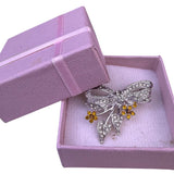 Silver Tone Womens Bow Brooch With Yellow Rhinestones Floral Design Gift Boxed