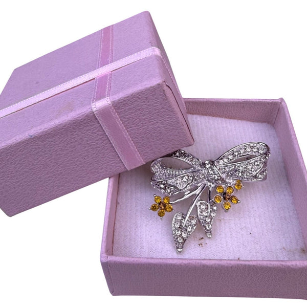 Silver Tone Womens Bow Brooch With Yellow Rhinestones Floral Design Gift Boxed