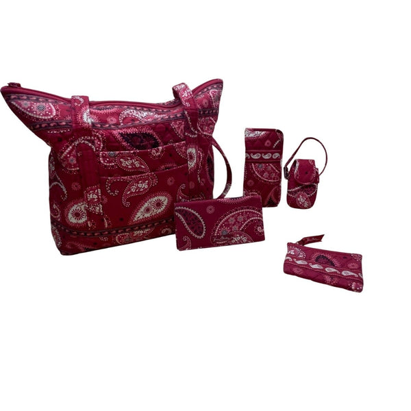 Vera Bradley Women’s Red Cotton Paisley Tote Bag With Matching Accessory Set