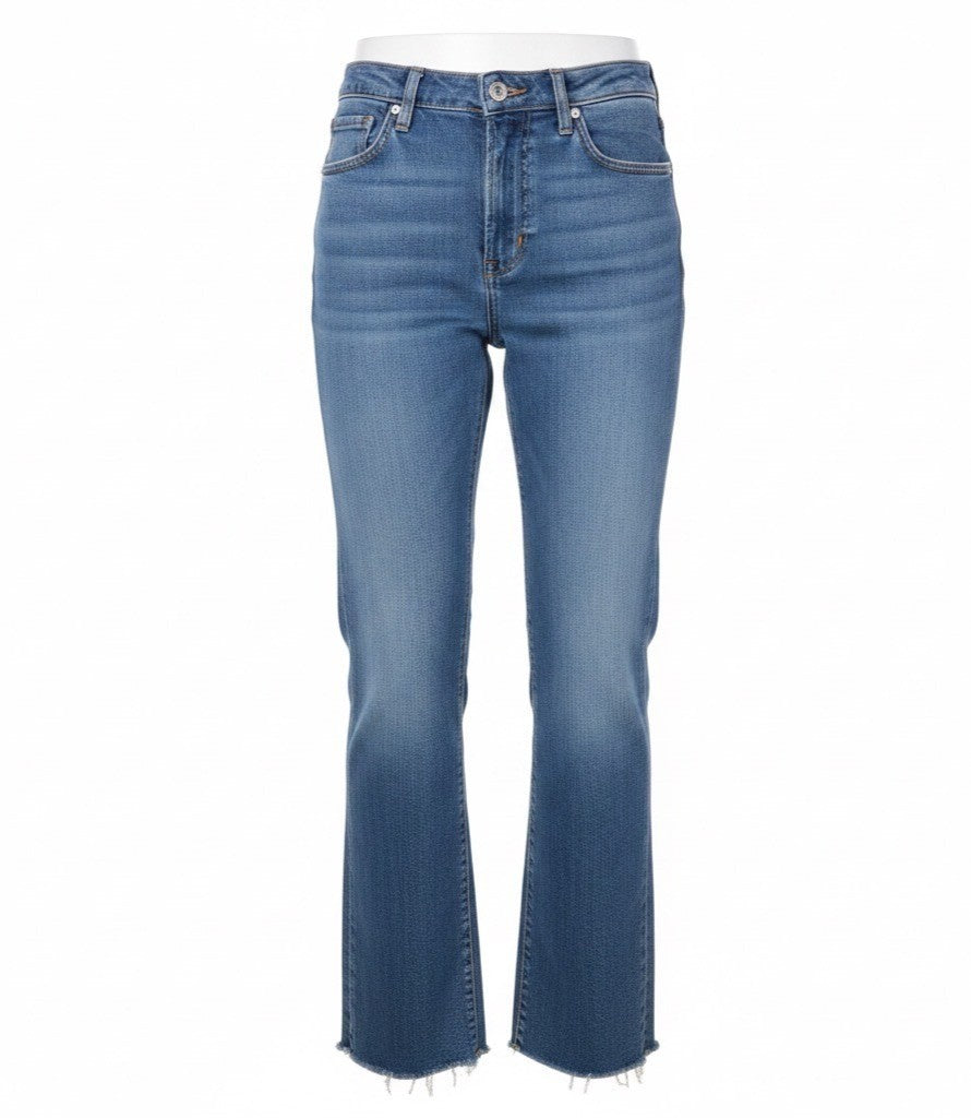 Zara Womens Blue Cotton Straight Leg Frayed Hem Jeans High Waist Denim Size 6