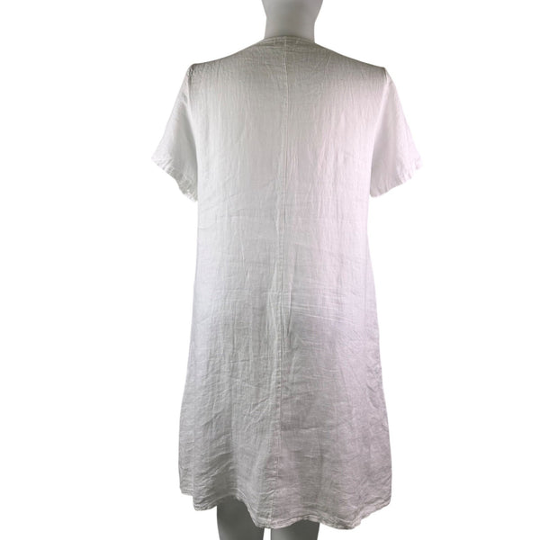 Made In Italy Womens White Linen Short Sleeve Midi Dress Pockets Relaxed Fit