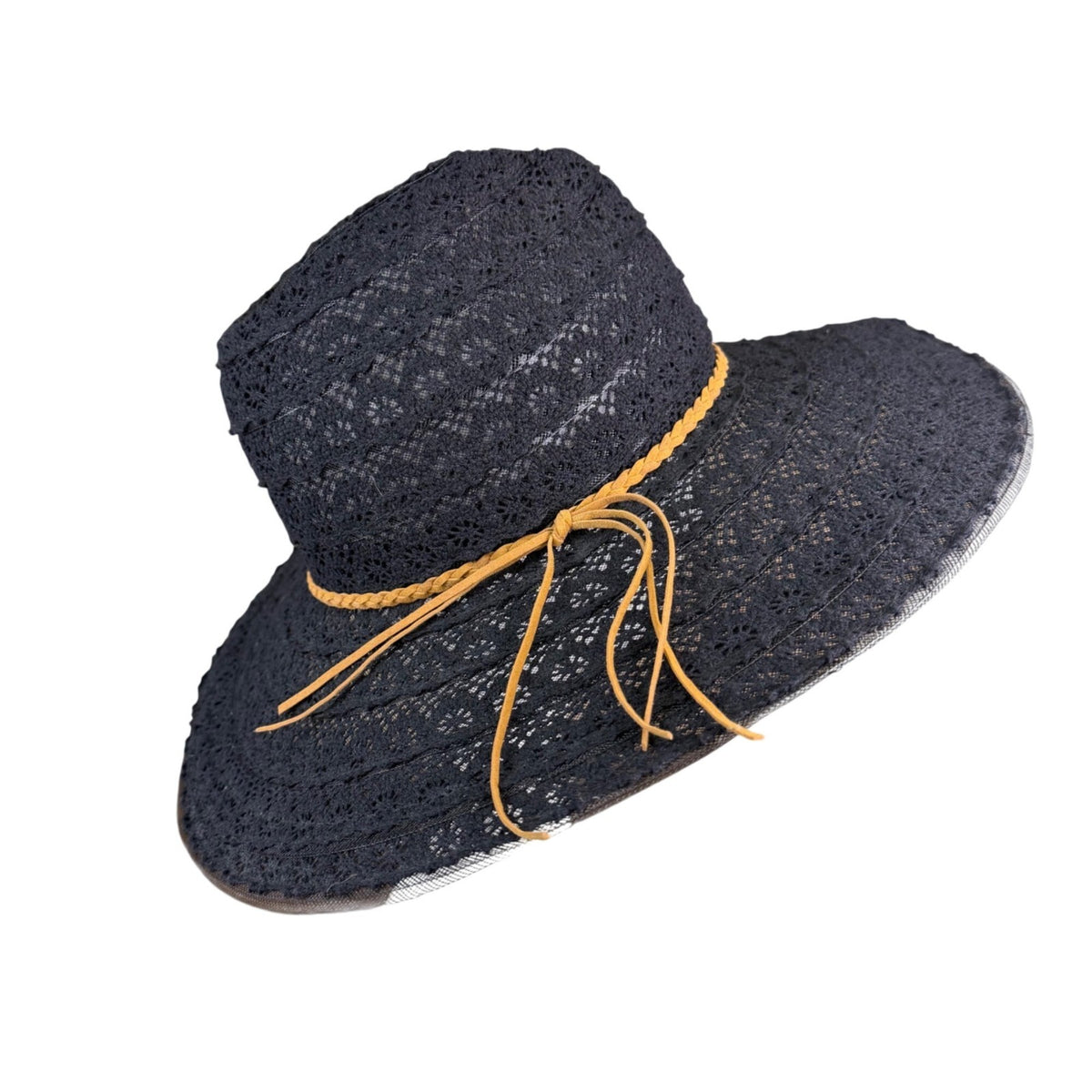 Mallory Black Womens Wide Brim Summer Hat Straw Lace Design Foldable Braided