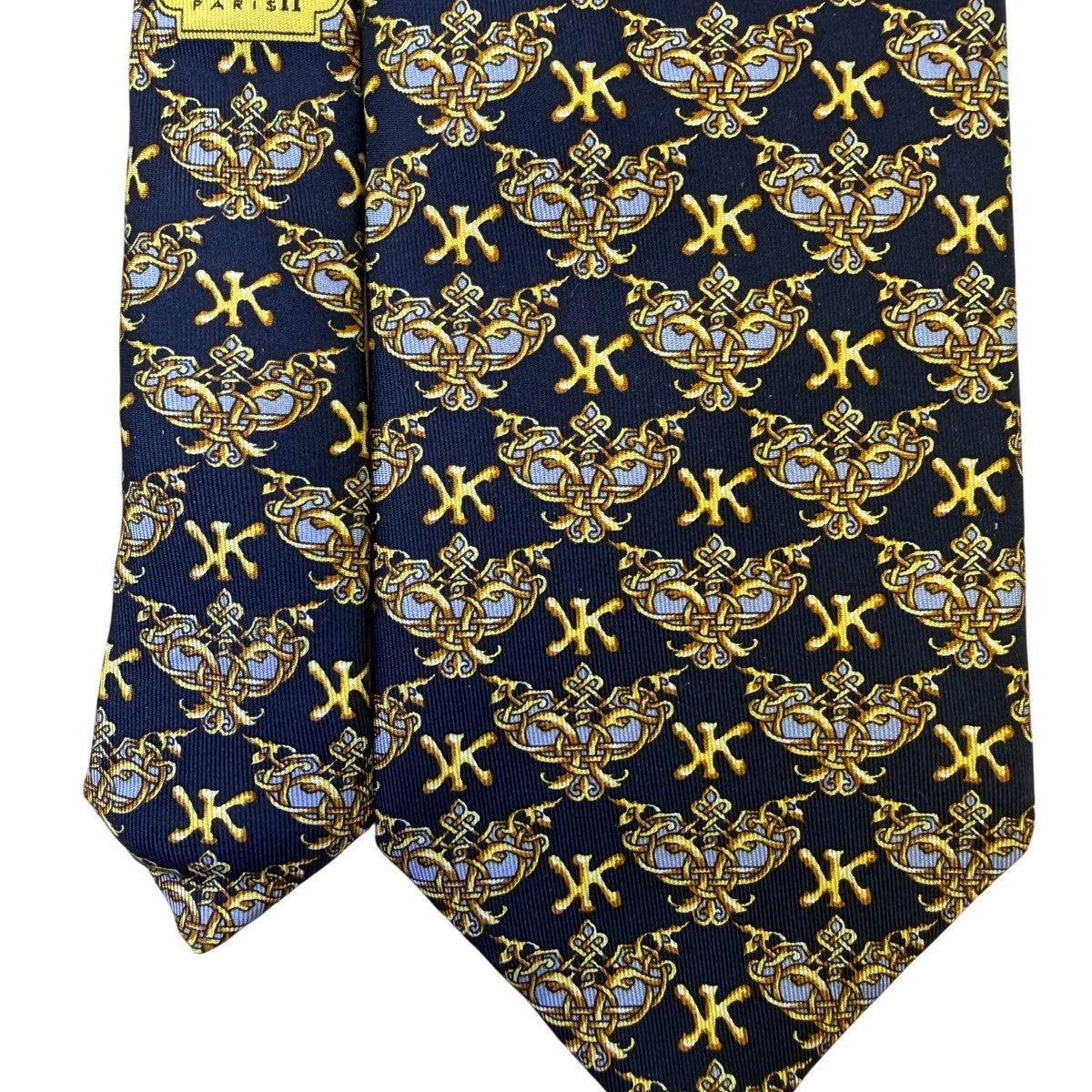 Korloff Mens Navy & Gold Silk Necktie Patterned Made In France Stylish Accessory