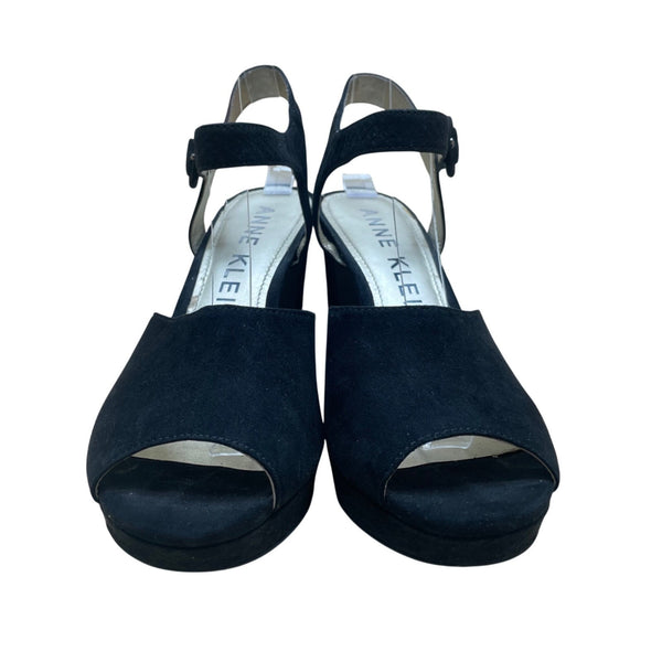 Anne Klein Women’s Black Suede Open Toe Buckle Strap Pearlina Heels Size 7.5 M