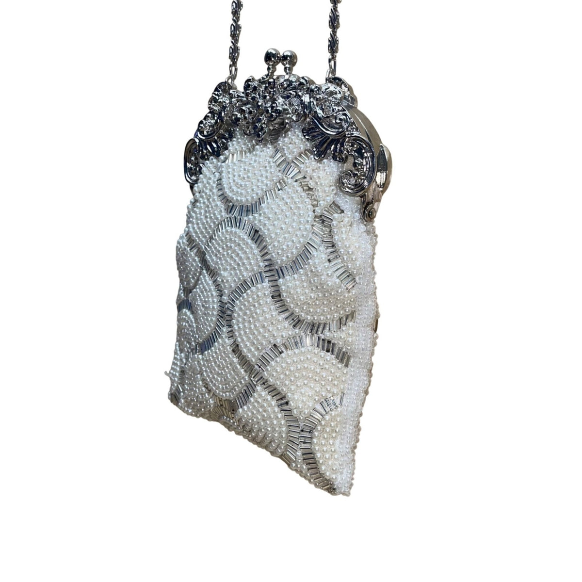 Special Occasions Women’s White Beaded Vintage-Style Chain Strap Evening Bag
