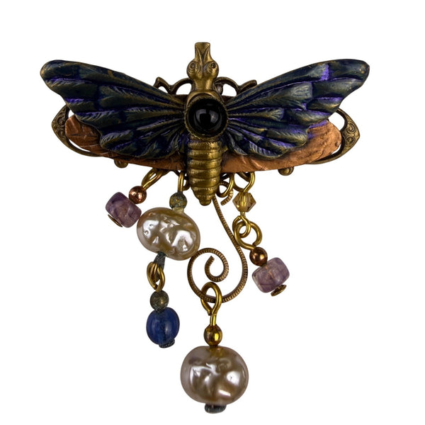 Vintage Multicolor Enamel & Beaded Butterfly Brooch Pin With Brass Tone Detail