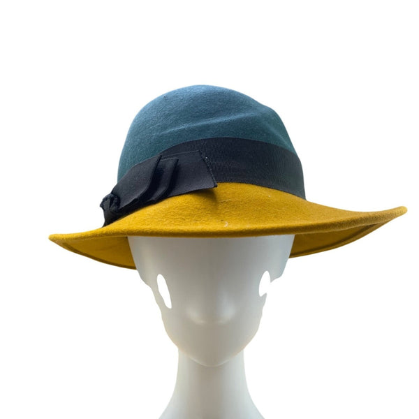 Dockin Womens Green & Yellow Wool Felt Cloche Hat Ribbon Accent Chic