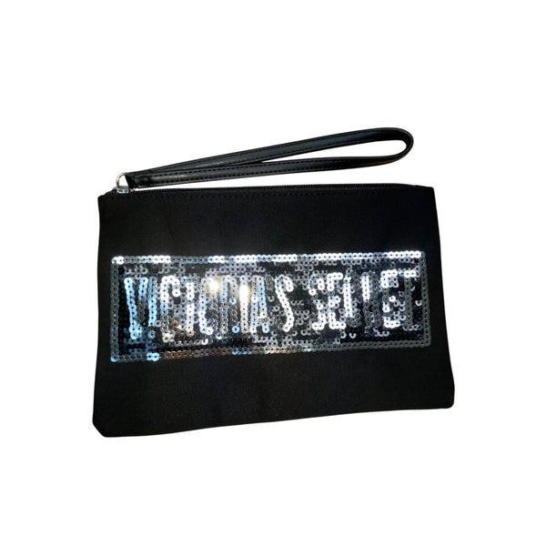 Victorias Secret Women’s Black Whit Silver Sequin Logo Tote Bag & Pouch Set