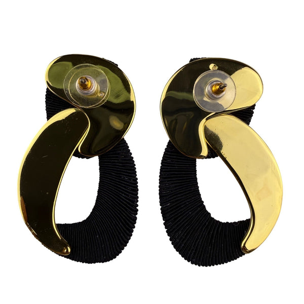 Gold Tone Womens Black Fabric-Wrapped Metal Abstract Statement Earrings