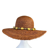 Nine West Womens Brown Straw Sun Hat With Beaded Band Wide Brim Beach Accessory