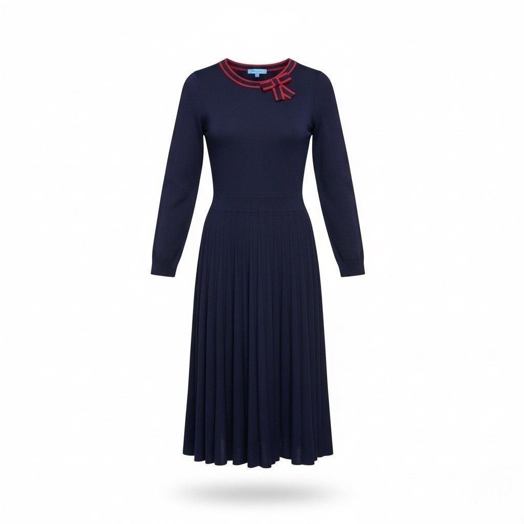 Draper James Womens Navy Pleated Dress With Red Trim Bow Accent Size M