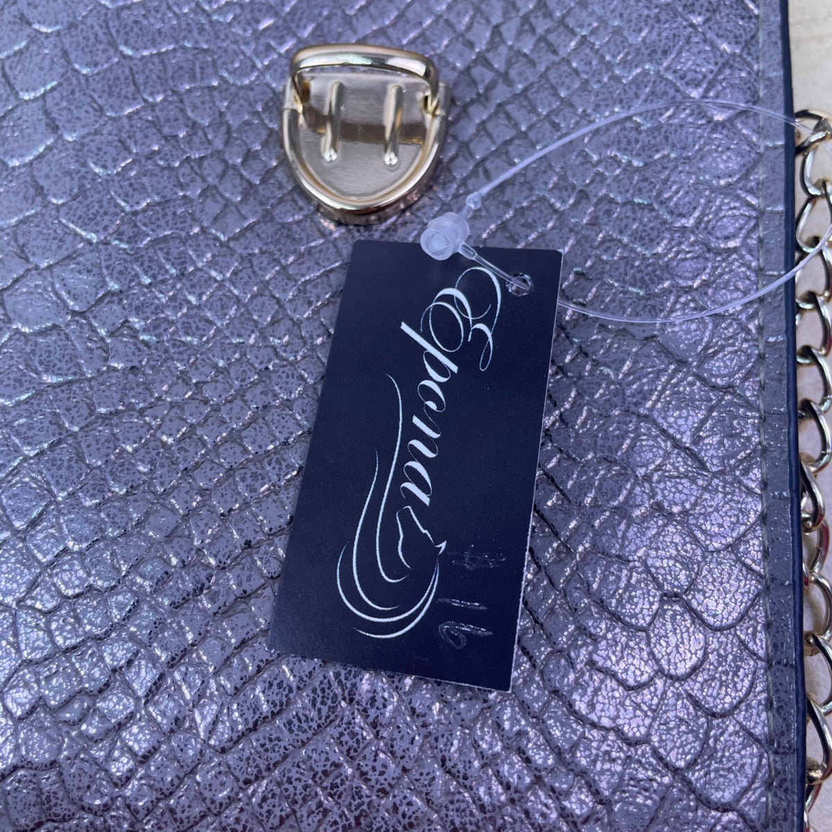 Epona Women’s Gray Metallic Snakeskin Clasp Closure Chain Strap Crossbody Bag