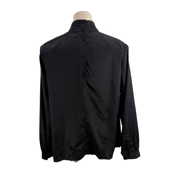 Womens Black Polyester Mock Neck Pleated Blouse Button Back Long Sleeve Size 14W