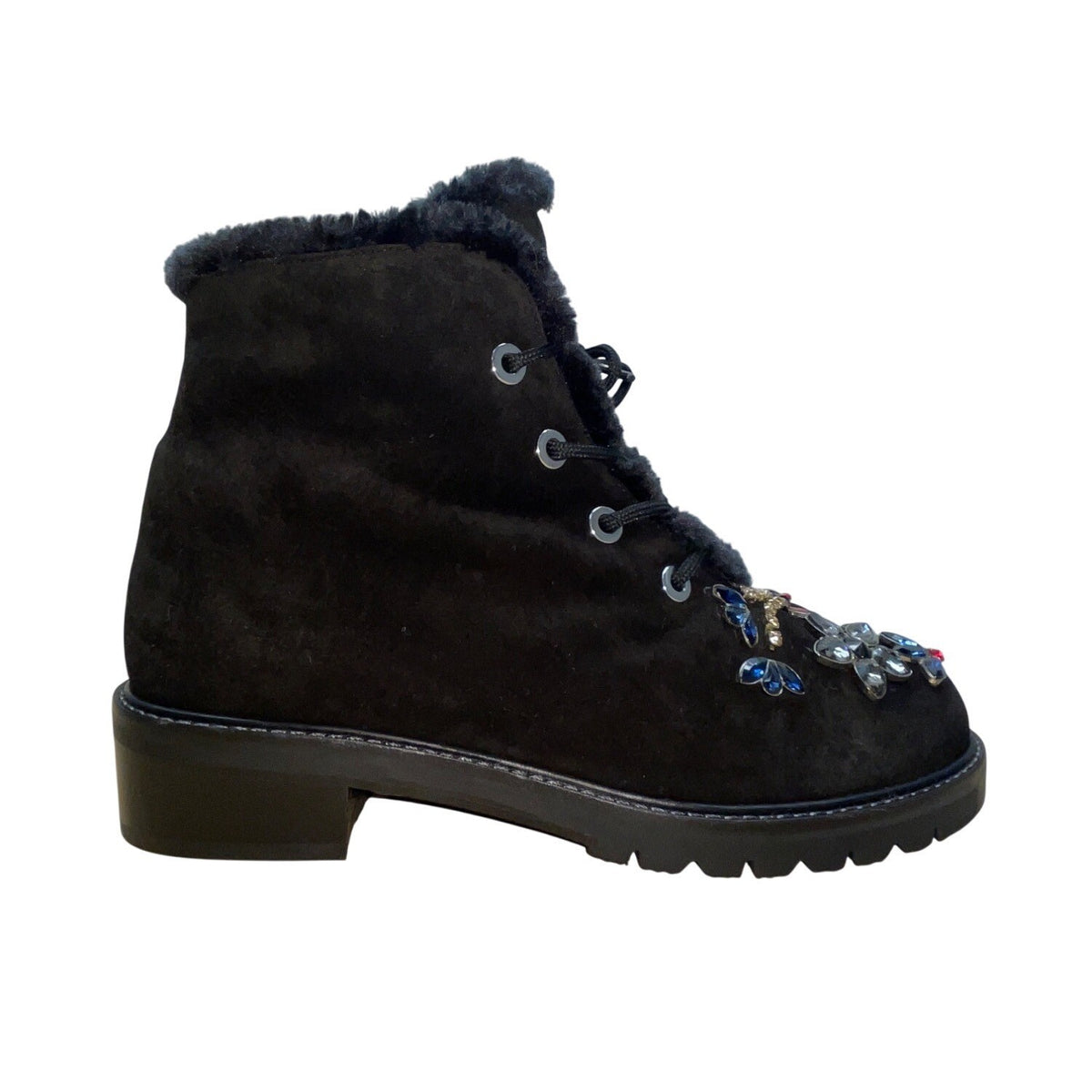 Stuart Weitzman Women’s Black Suede & Shearling Embellished Ankle Boots Sz 10.5M