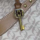 Fossil Women’s Beige Logo Pattern & Brown Leather Trim Adjustable Strap Hobo Bag