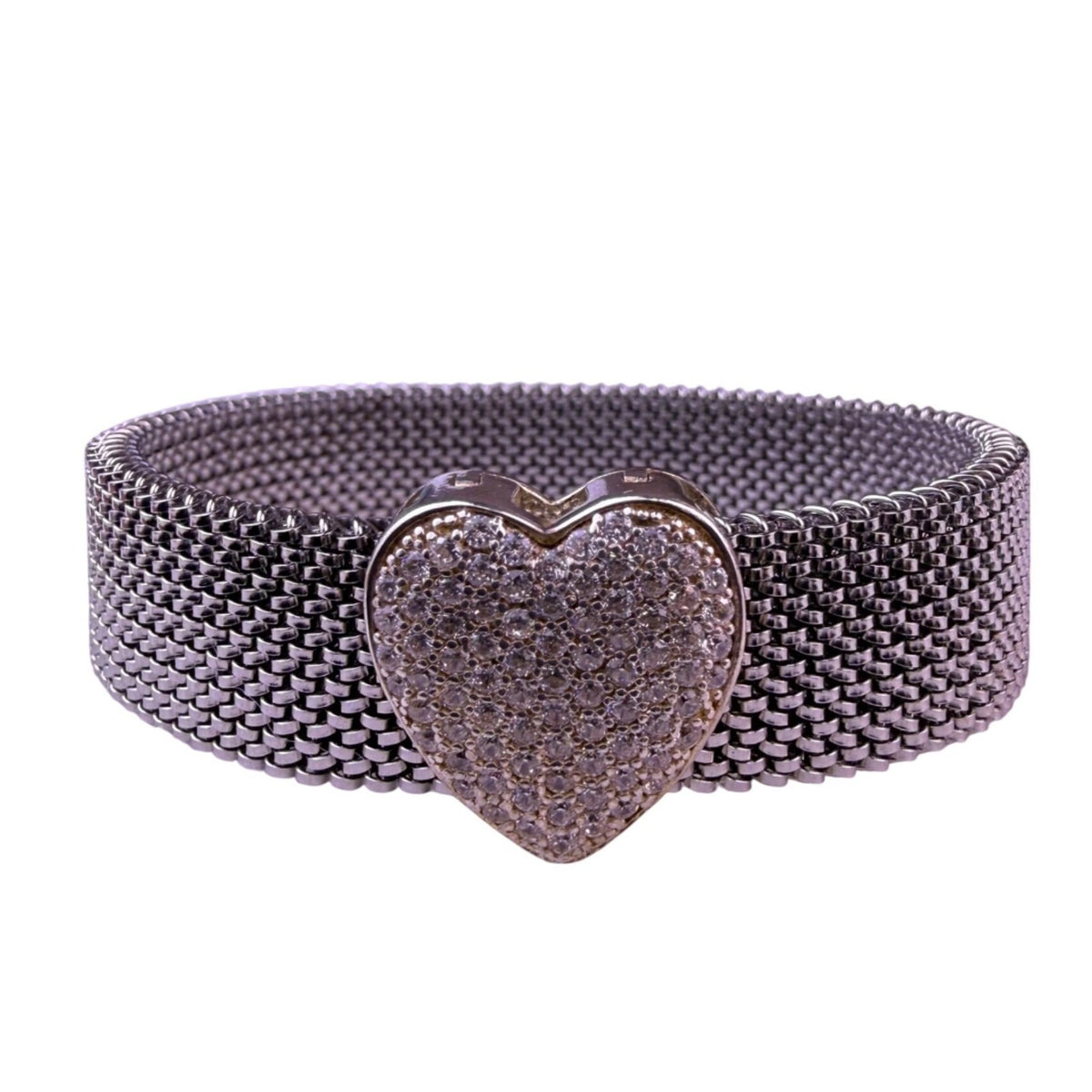 Stainless Steel Women Silver Tone Heart Bracelet With Sterling Silver Accents