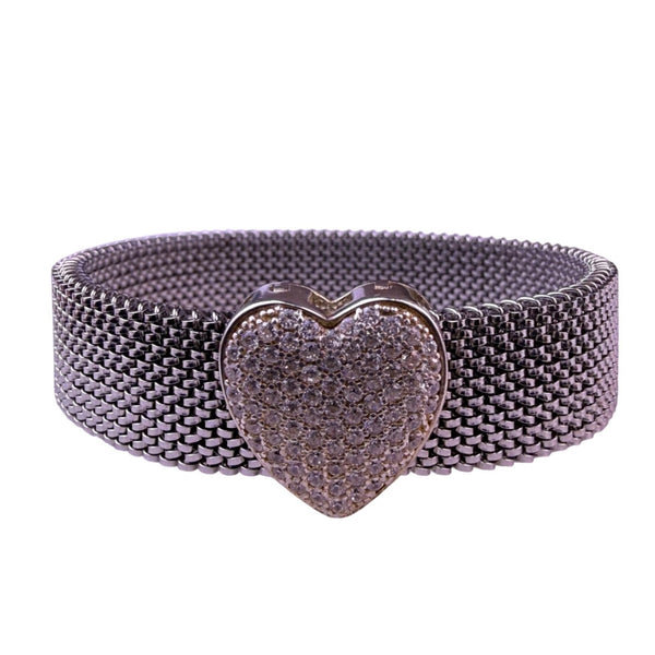 Stainless Steel Women Silver Tone Heart Bracelet With Sterling Silver Accents