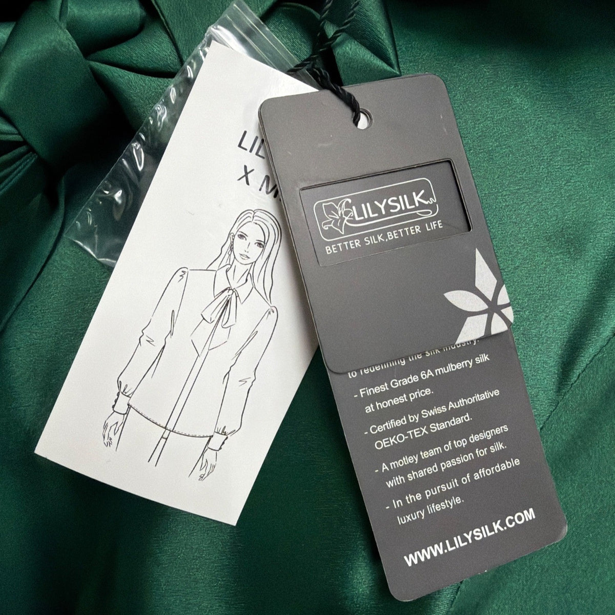 LilySilk Womens Green Mulberry Silk Bow-Tie Blouse Satin Button Cuffs Sz M