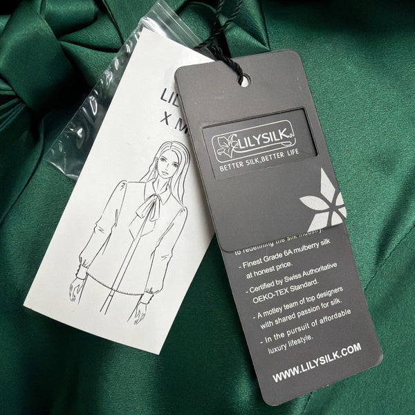 LilySilk Womens Green Mulberry Silk Bow-Tie Blouse Satin Button Cuffs Sz M