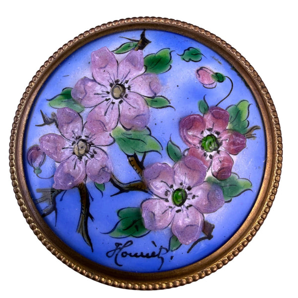 Vintage French Enamel & Metal Floral Brooch Purple/Green/Gold Round Design