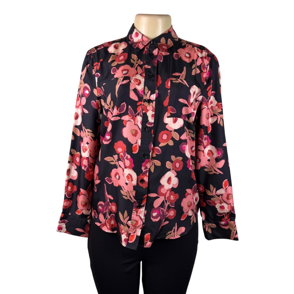 Kate Spade Womens Black & Pink Silk Floral Button-Up Blouse Elegant Top Size S