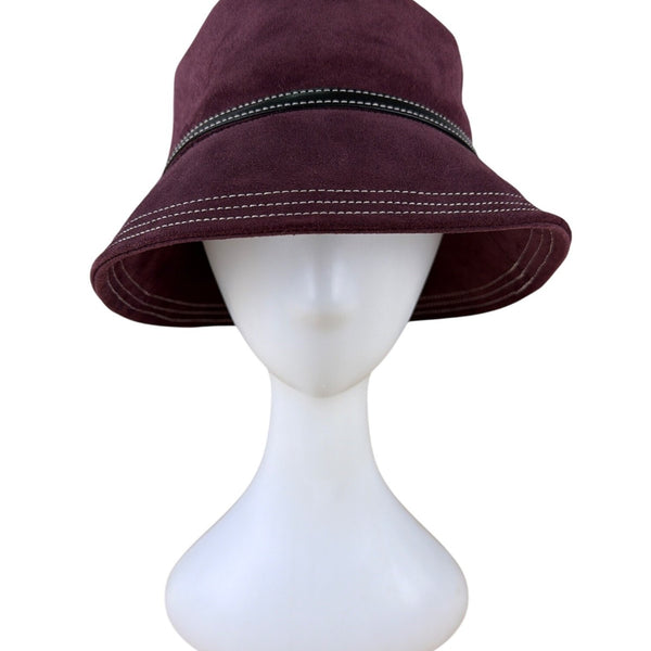 Coach Womens Burgundy Leather Bucket Hat M/L Adjustable Stylish Design
