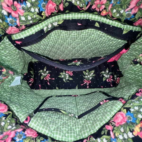 Vera Bradley Women’s Black & Green Quilted Cotton Floral Shoulder Tote Bag