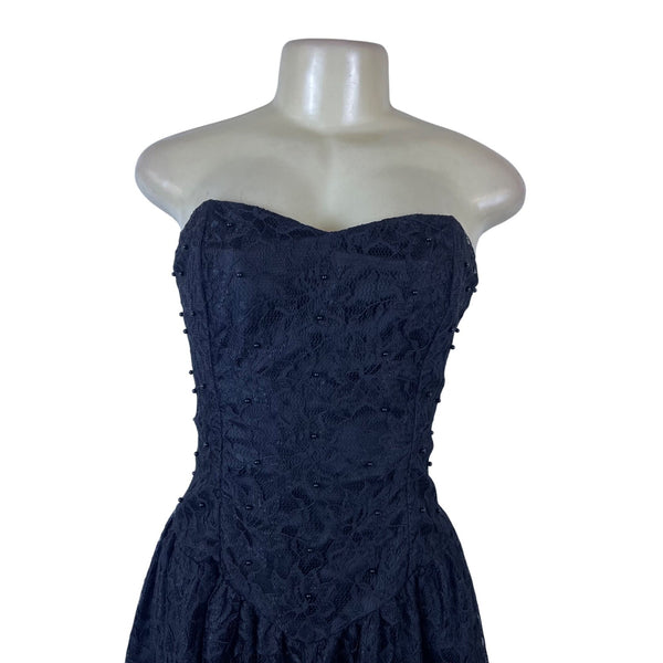 Vintage Strapless Black Lace Womens Midi Dress Elegant Evening Formal Wear