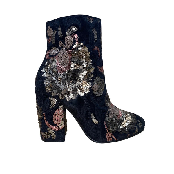 Aldo Women’s Black Velvet & Gold Sequin Floral Decor Fiery Ankle Boots Size 6