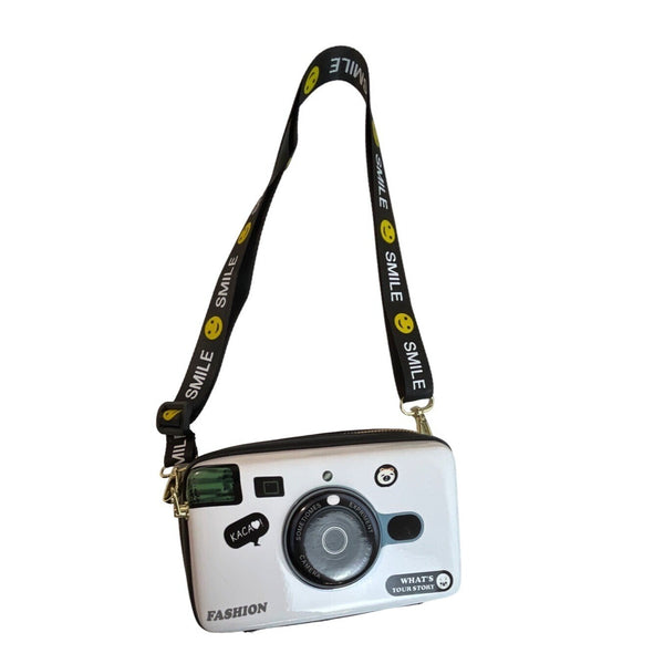Fashion Women's White Kawai Camera Design With Smileys Strap Shoulder Bag Sz S