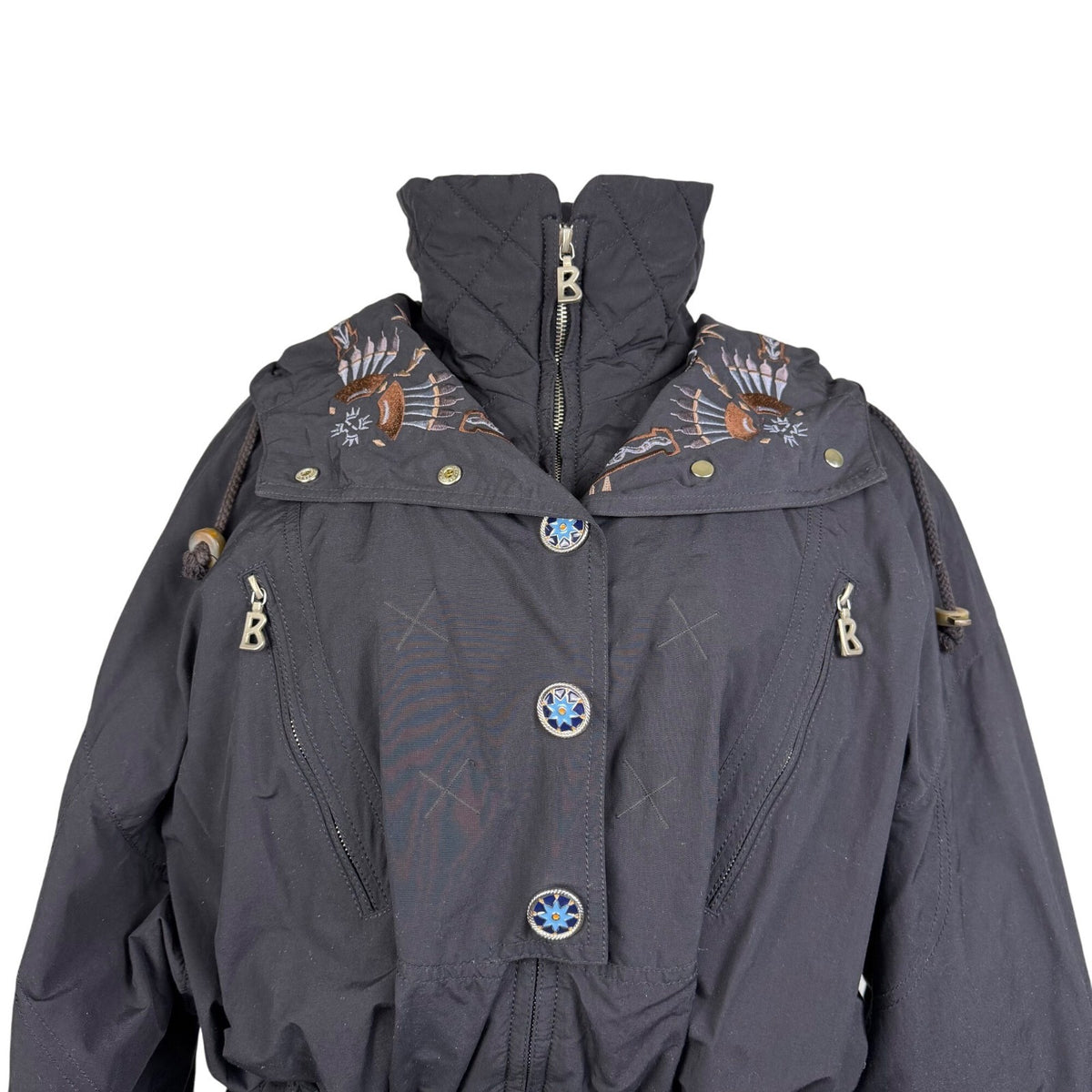 Bogner Womens Black Nylon Embroidered Hooded Jacket Stylish Winter Coat Size 12