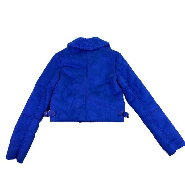 Bershka Womens Blue Faux Shearling Biker Jacket With Zipper Pockets Size S