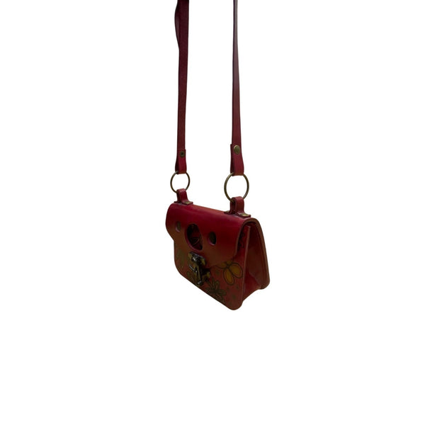 Handmade Women’s Red Leather Floral Brass Clasp Adjustable Strap Crossbody Bag