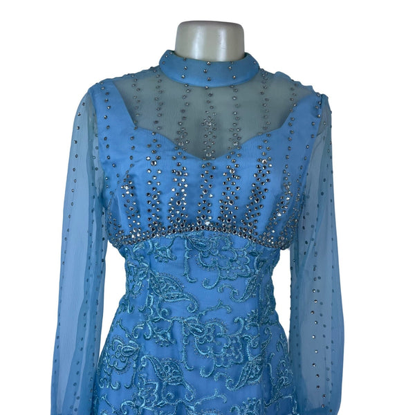 Vintage Womens Blue Embellished Sheer Long-Sleeve Gown With Beaded Overlay