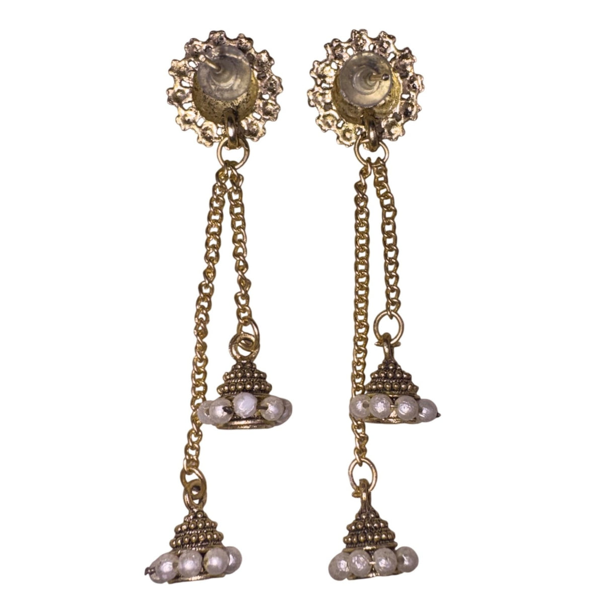 Gold Tone Womens Earrings With Pearl Accents Long Chain Stud Dangle 