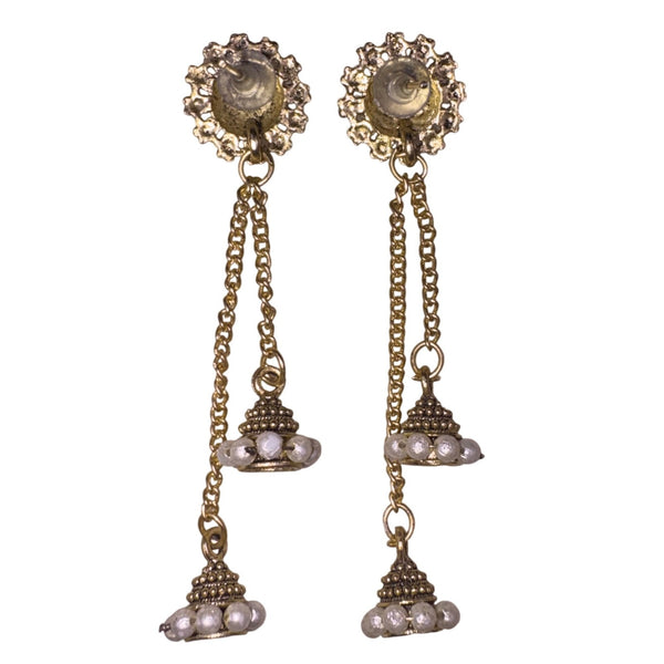 Gold Tone Womens Earrings With Pearl Accents Long Chain Stud Dangle 