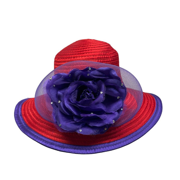 Red & Purple Womens Polyester Hat With Decorative Flower