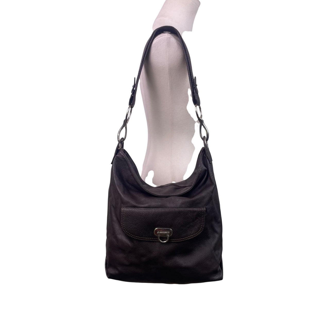 Elen Gotti Women’s Brown Leather Silver Hardware Hobo Shoulder Bag